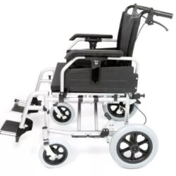 Side view of a bariatric heavy duty transit wheelchair with large wheels and black upholstery.