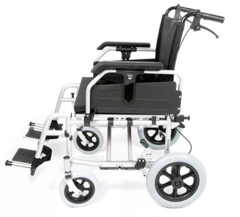 Side view of a bariatric heavy duty transit wheelchair with large wheels and black upholstery.