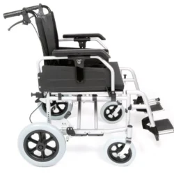 Side view of a heavy duty transit wheelchair with extra wide seat.