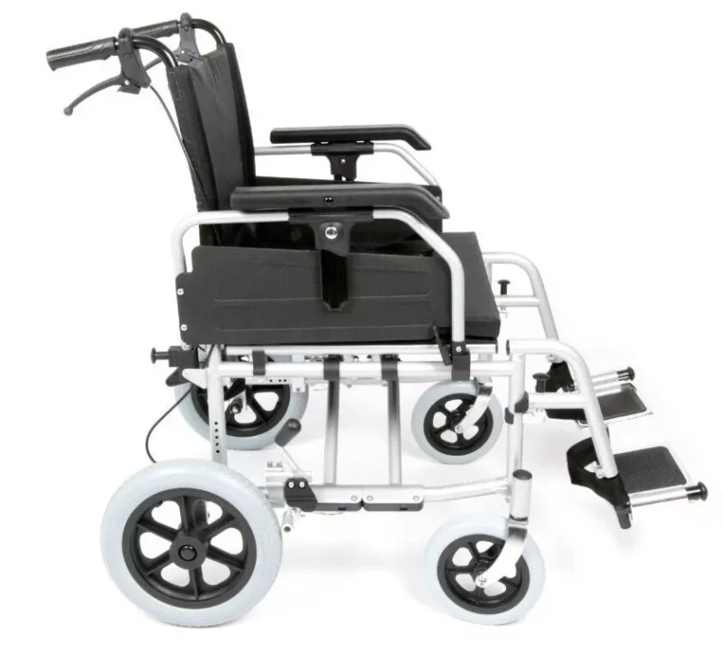 Side view of a heavy duty transit wheelchair with extra wide seat.