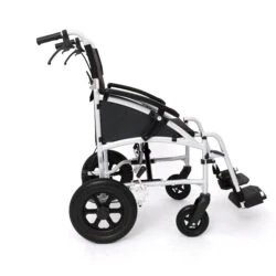 Side view of a lightweight aluminum transit wheelchair with black seat and armrests.