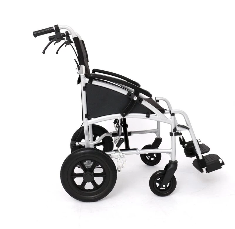 Side view of a lightweight aluminum transit wheelchair with black seat and armrests.