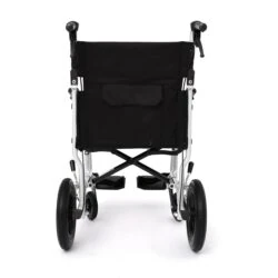 Rear view of a lightweight folding aluminum transit wheelchair.