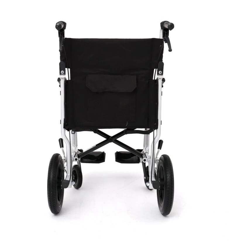 Rear view of a lightweight folding aluminum transit wheelchair.