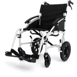 Aluminum transit wheelchair with black seat and armrests, foldable design.