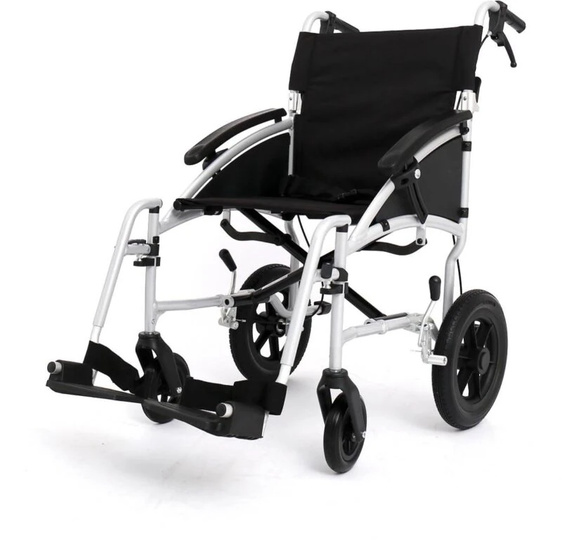 Aluminum transit wheelchair with black seat and armrests, foldable design.