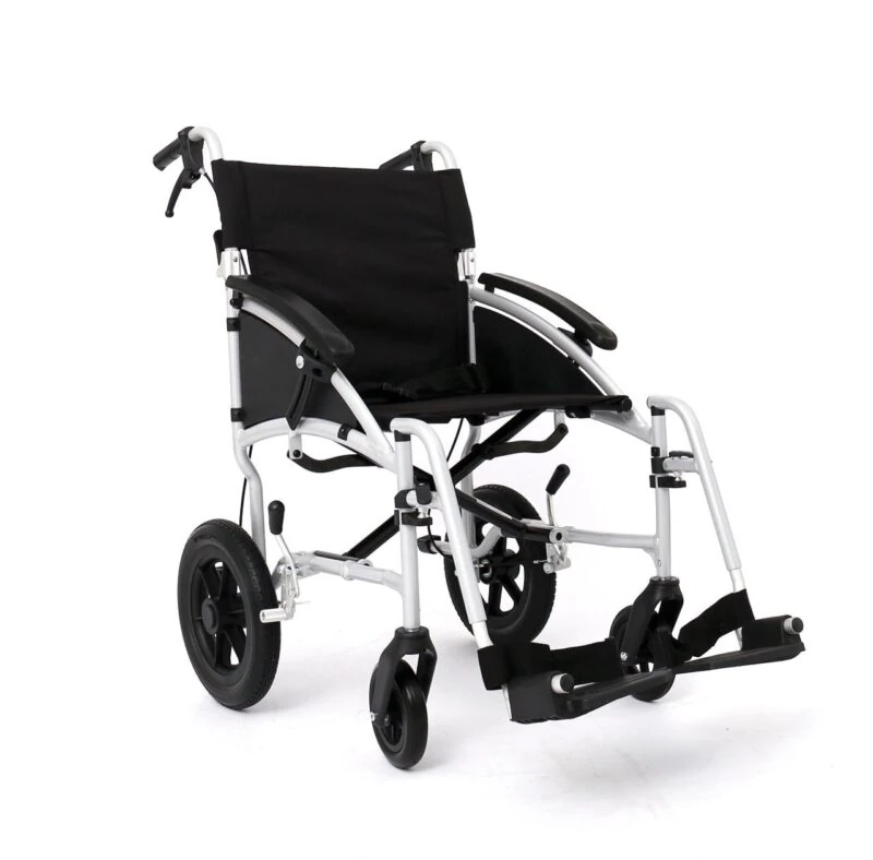 Lightweight aluminum wheelchair with black seat and foldable design.