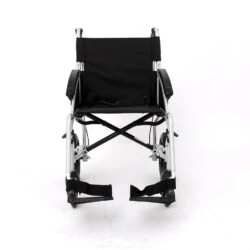 Front view of a lightweight aluminum transit wheelchair with black seat.