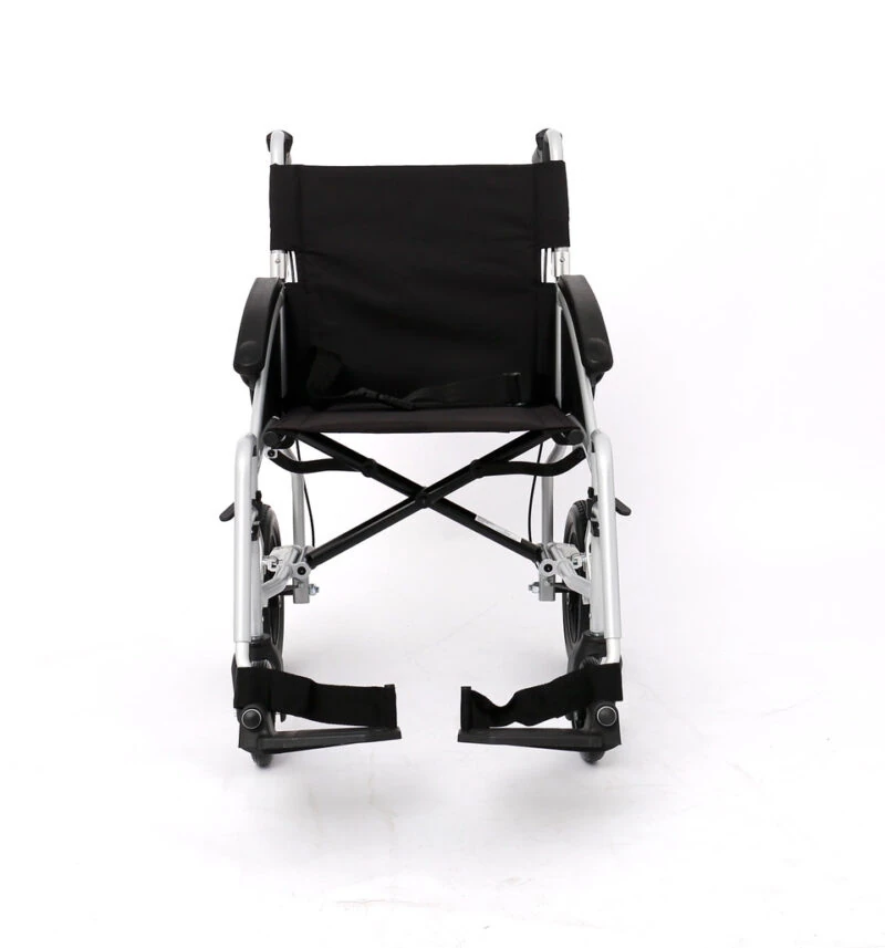 Front view of a lightweight aluminum transit wheelchair with black seat.