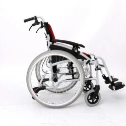 Side view of a self-propelled wheelchair with cushioned seat and adjustable armrests.