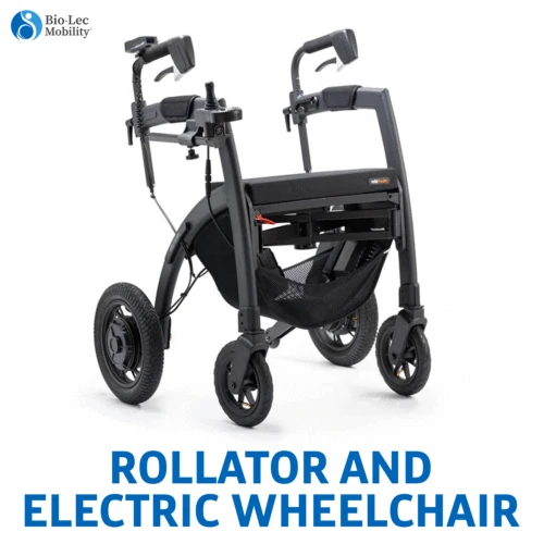 Black rollator and electric wheelchair with pneumatic tires.