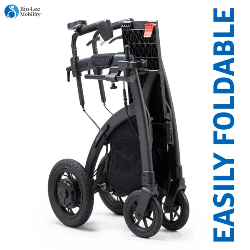 Folded Rollz Motion Electric Rollator with pneumatic tires.