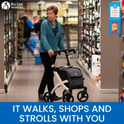 Person using a Rollz Flex Shopper rollator in a grocery store aisle.
