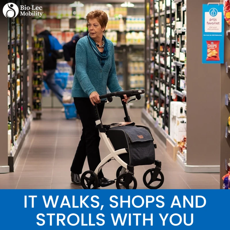 Person using a Rollz Flex Shopper rollator in a grocery store aisle.