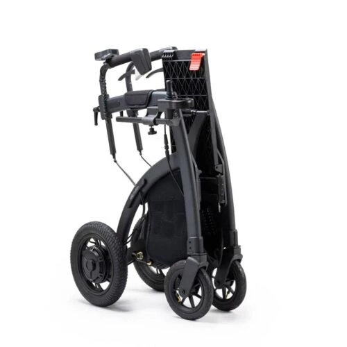 Folded Rollz Motion Electric Rollator with pneumatic tires.