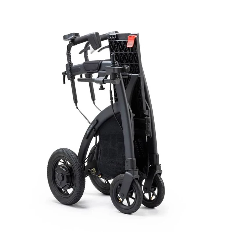 Folded Rollz Motion Electric Rollator with pneumatic tires.