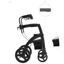 Side view of Rollz Motion Rhythm Rollator with close-ups of handle and back support.