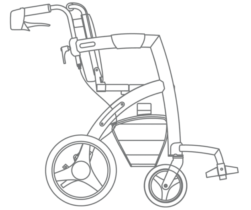 Illustration of a Rollator Wheelchair showing side profile.