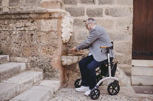 Man with Saljol Allround Crossover Rollator at a stone fountain