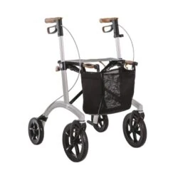 Saljol Allround Crossover Rollator featuring ergonomic cork armrests and a net bag.