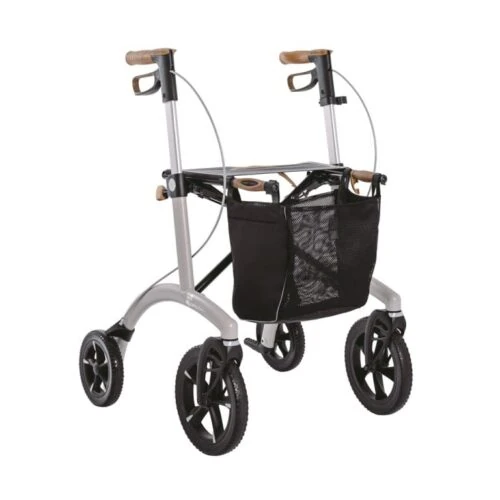 Saljol Allround Crossover Rollator featuring ergonomic cork armrests and a net bag.