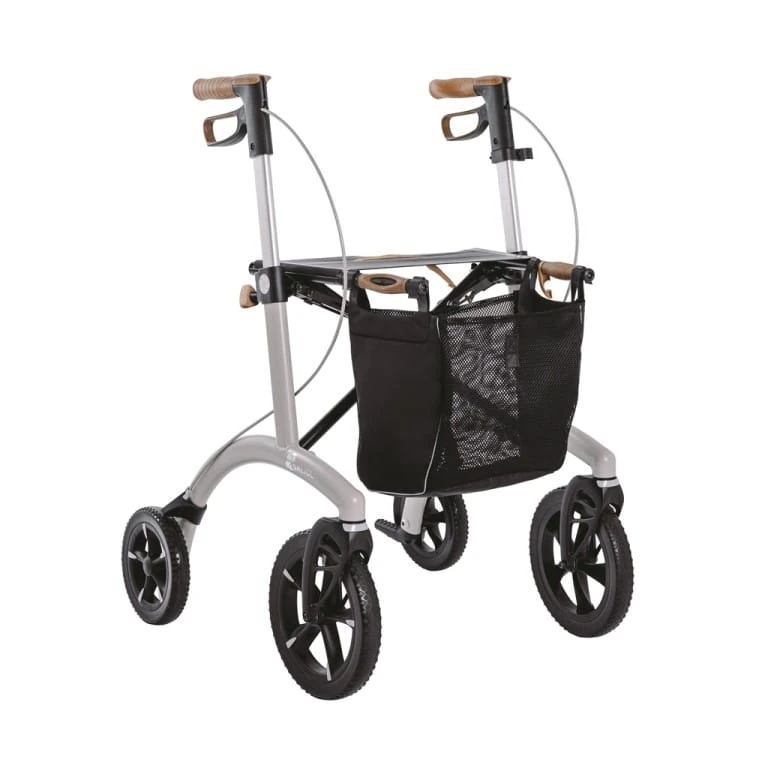 Saljol Allround Crossover Rollator featuring ergonomic cork armrests and a net bag.
