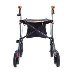 Rear view of a Saljol Carbon Rollator with cork handles and black storage bag.