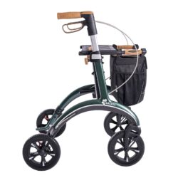 Side view of Saljol Carbon Rollator with cork handles and black storage bag.