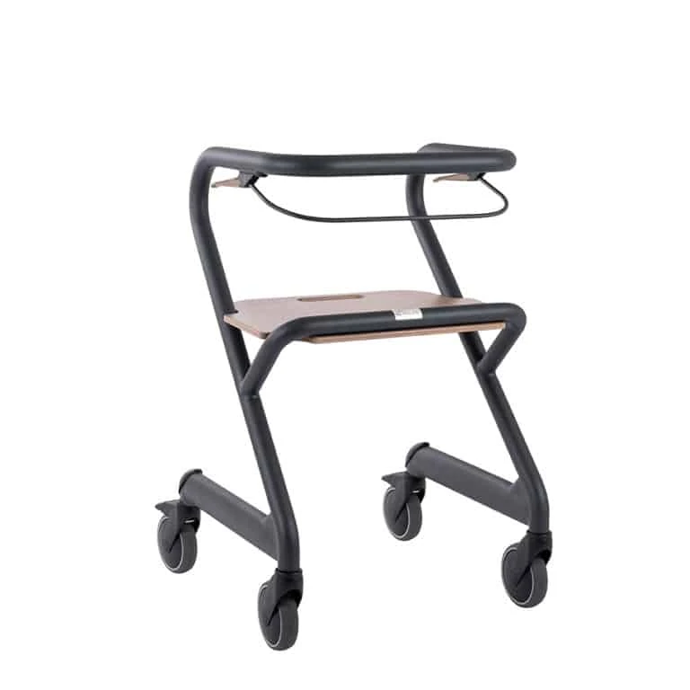 Saljol indoor rollator with wooden seat and black frame.