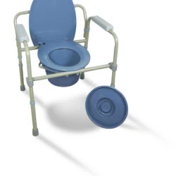 Bedside commode with blue flip-up seat and lid, adjustable legs, and armrests.