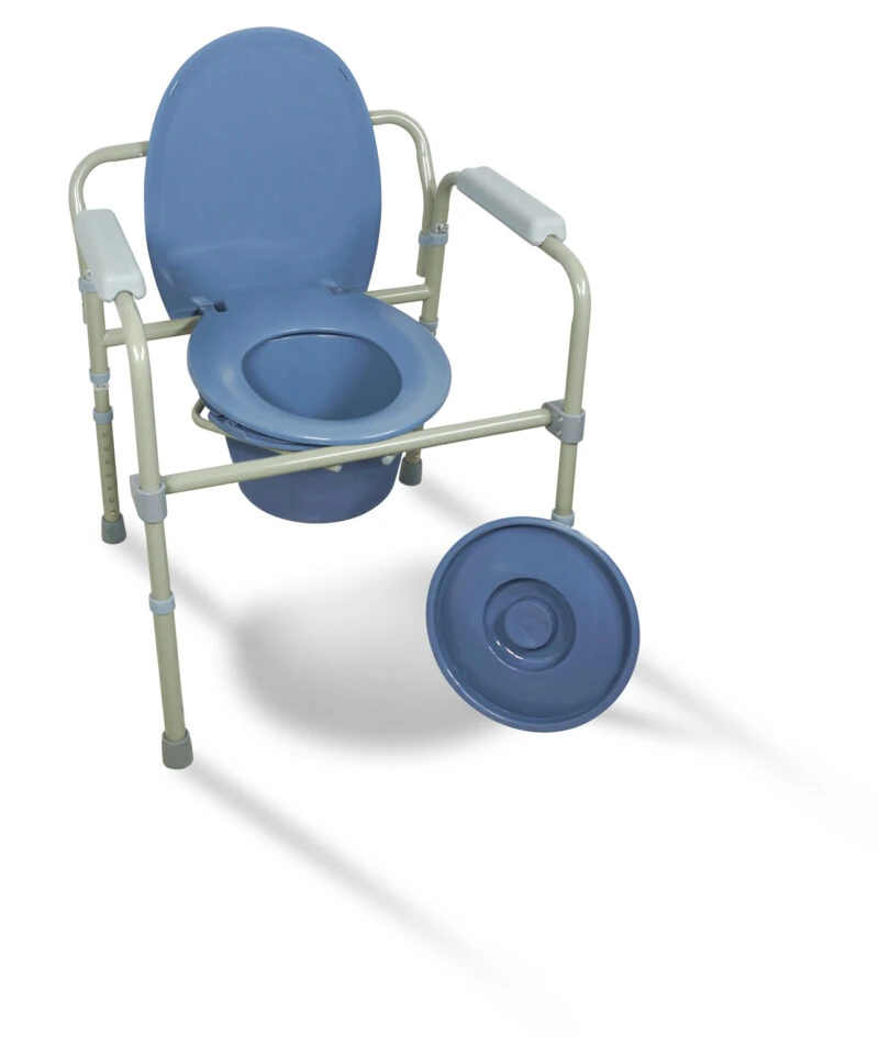 Bedside commode with blue flip-up seat and lid, adjustable legs, and armrests.