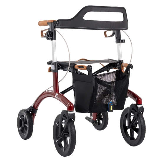 Red Saljol rollator with a black tray and mesh bag.