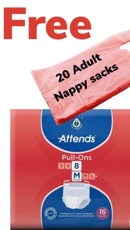 Attends Pull Up Pants packaging with free nappy sacks offer.
