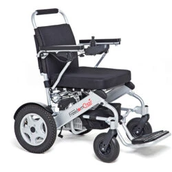 Auto-Folding Electric Wheelchair with large rear wheels and joystick.