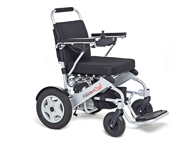 Auto-Folding Electric Wheelchair with large rear wheels and joystick.