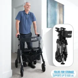Man using the Bariatric EZ Fold N Go Rollator with an inset showing it folded.