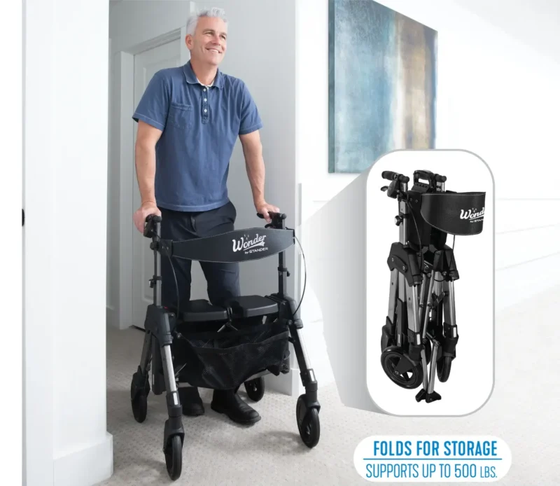 Man using the Bariatric EZ Fold N Go Rollator with an inset showing it folded.