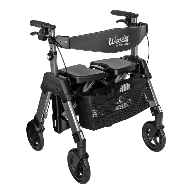 Folded Stander Wonder Rollator with visible seat and storage basket.