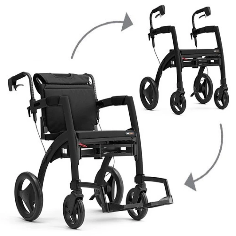 Rollz Motion 2.1 shown as both a rollator and a wheelchair.
