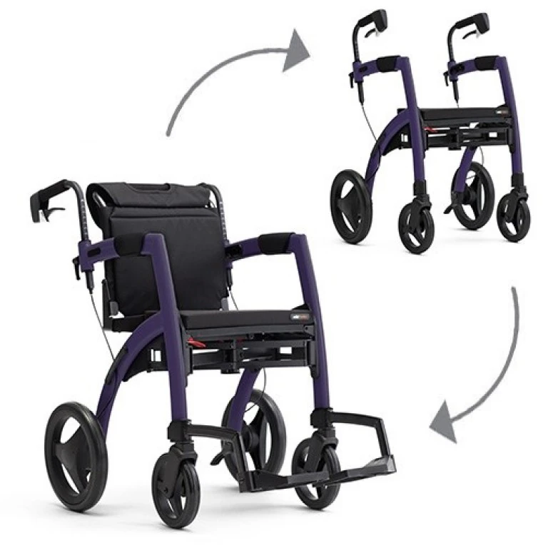 Dark purple rollator wheelchair showing conversion from walker to wheelchair.