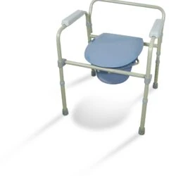 Bedside commode with flip-up seat and adjustable legs.