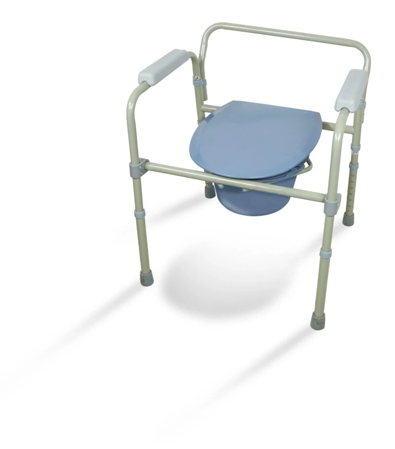 Bedside commode with flip-up seat and adjustable legs.