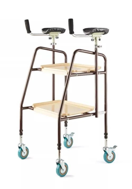 Indoor trolley with forearm supports and two trays.
