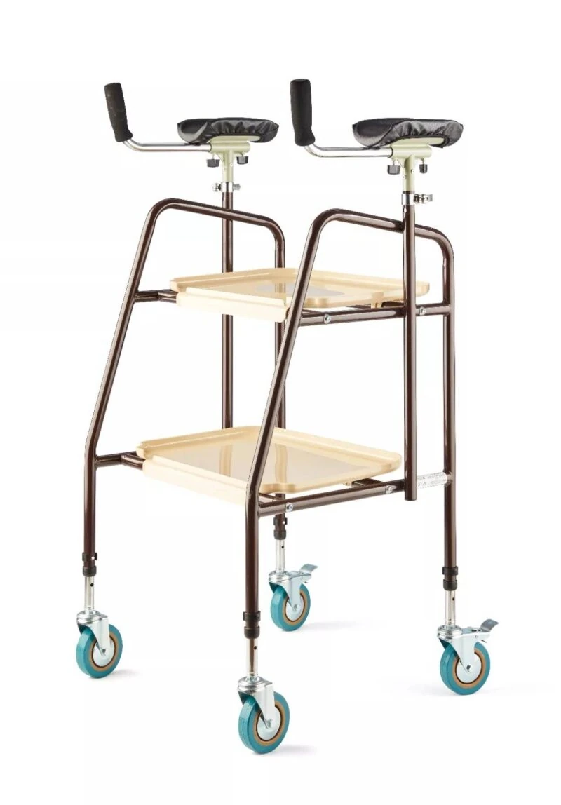 Indoor trolley with forearm supports and two trays.