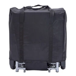 Folded electric wheelchair covered in a black fabric case.