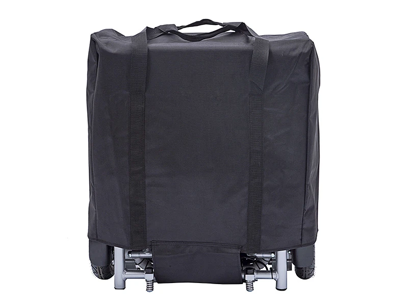 Folded electric wheelchair covered in a black fabric case.