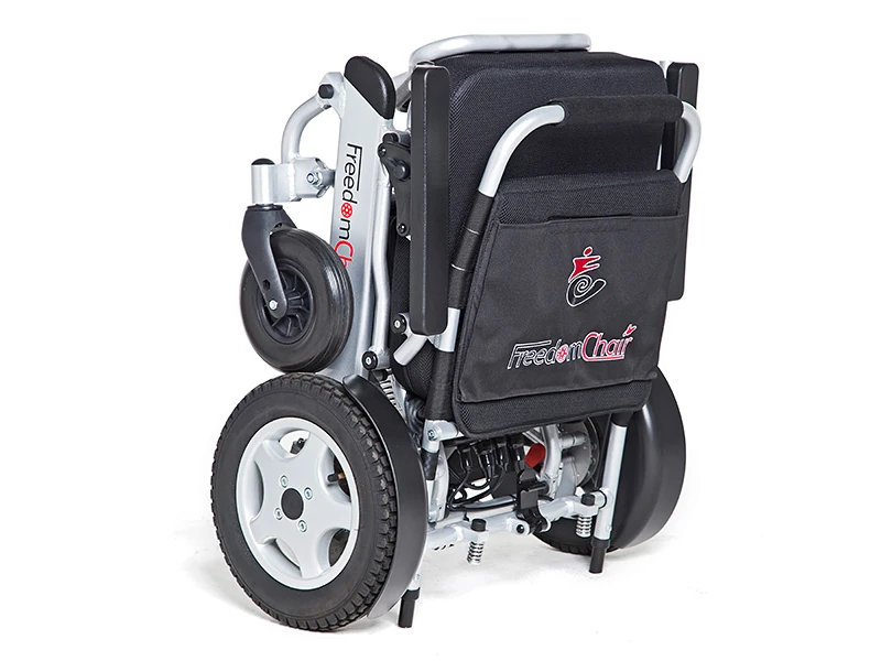 Folded Freedom Chair A06L electric wheelchair with visible branding.