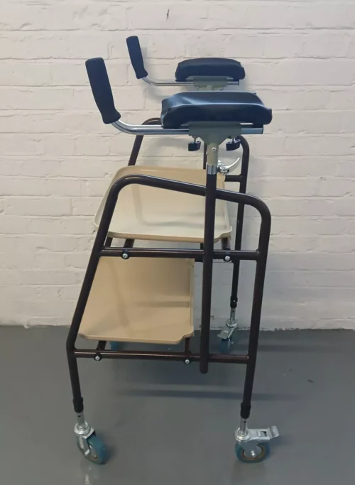 Indoor trolley with padded armrests and two trays.