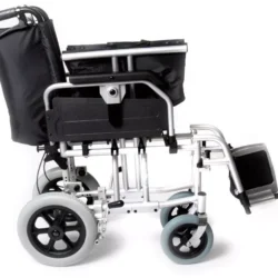Side view of a folded heavy duty transit wheelchair with black upholstery.