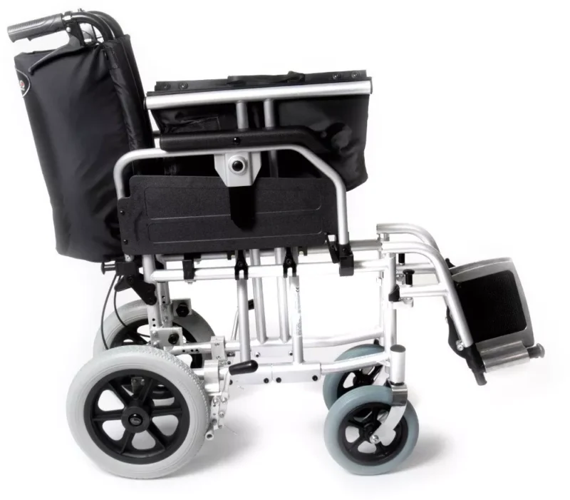 Side view of a folded heavy duty transit wheelchair with black upholstery.